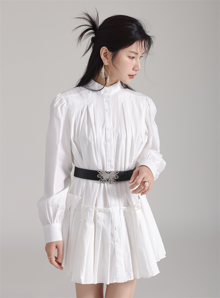 Stand Collar Pleats Long Shirt