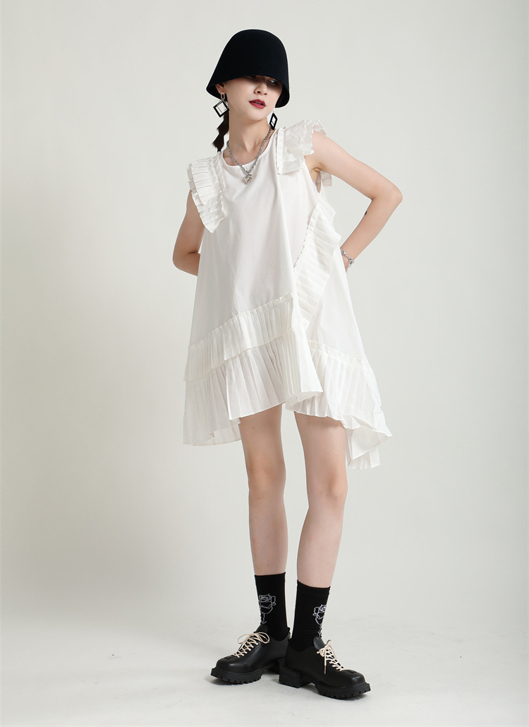 Asymmetry no sleeve pleats one piece