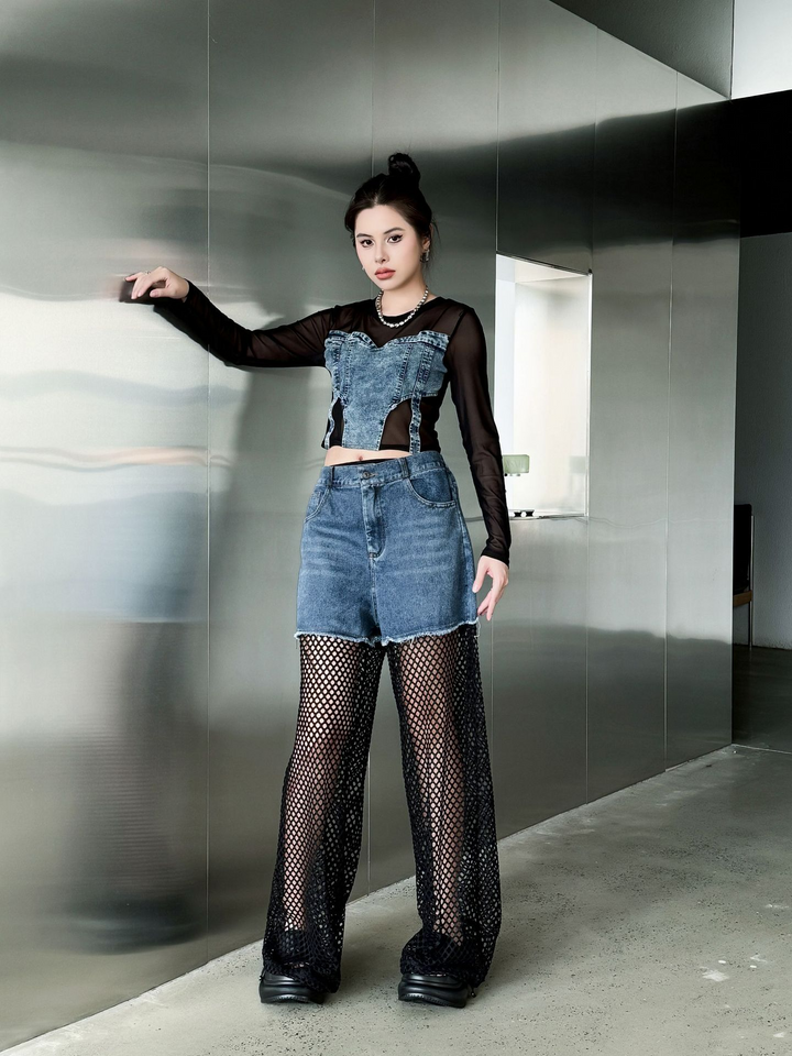 Mesh Patcwork Denim Short Pants