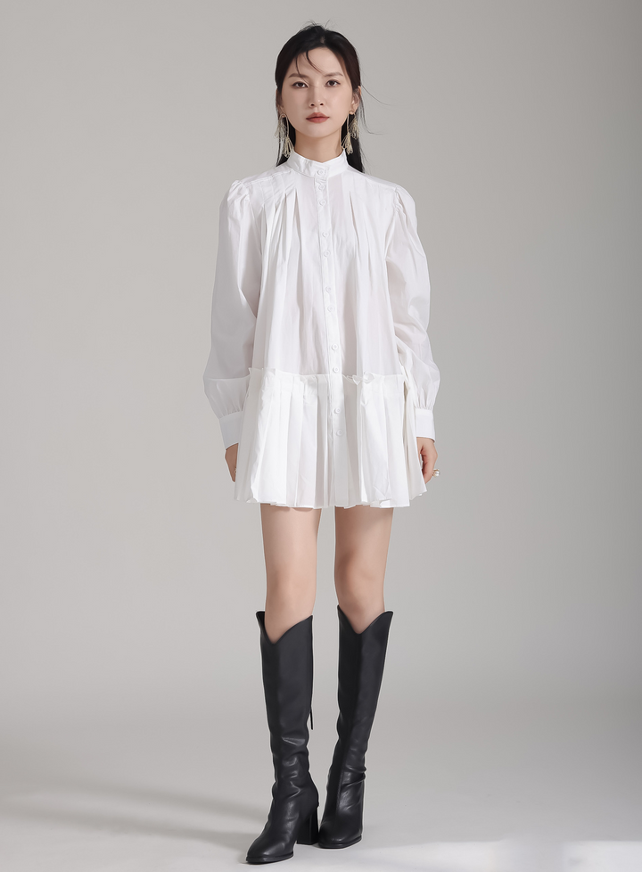 Stand Collar Pleats Long Shirt