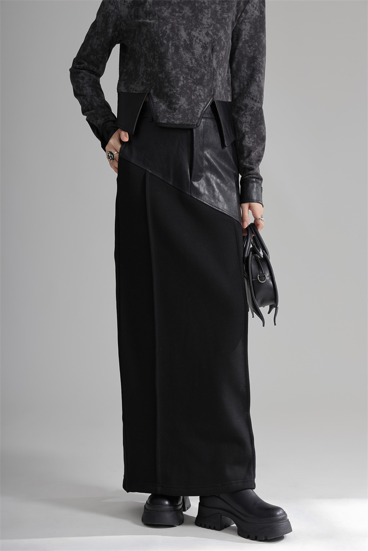 Design Patchwork PU Leather A-line Fleece Skirt
