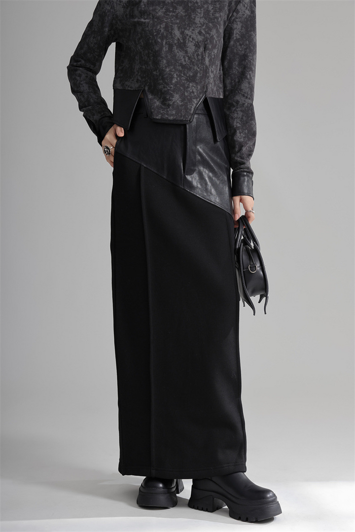 Design Patchwork PU Leather A-line Fleece Skirt