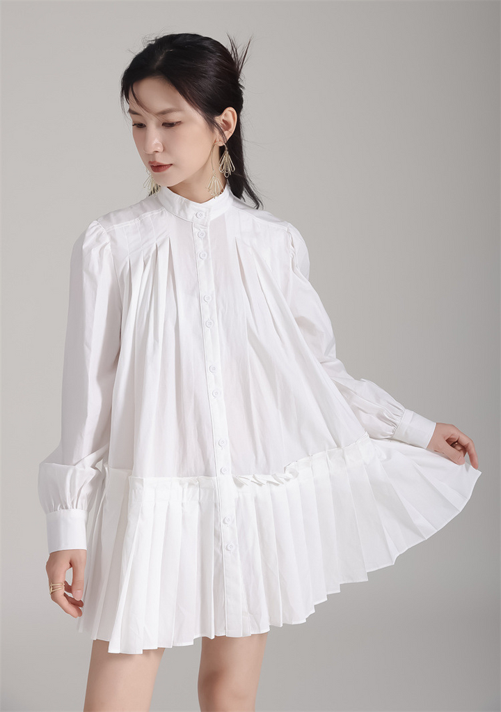 Stand Collar Pleats Long Shirt