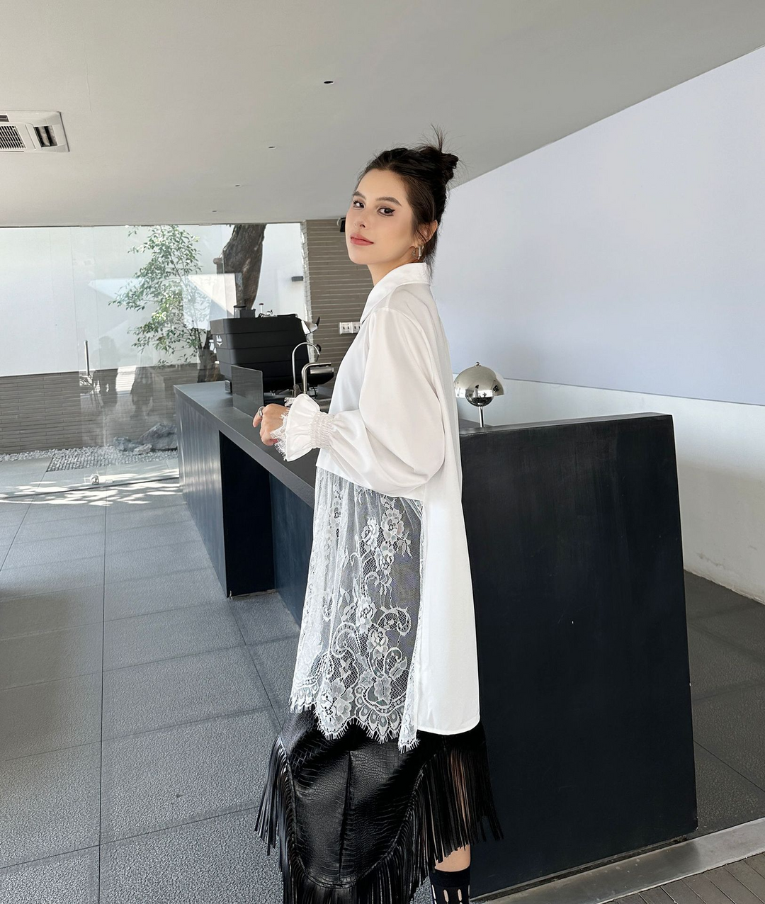 Crochet lace patchwork long sleeve shirt