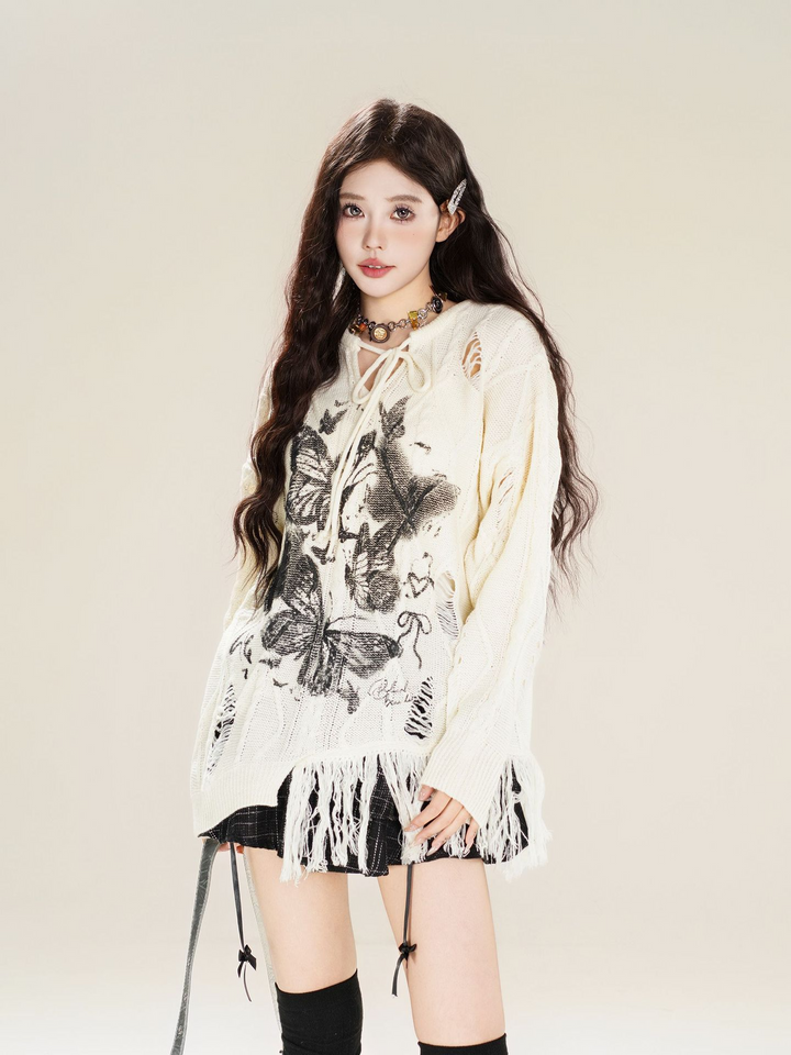 Butterfly Print Knit Pullover Sweater