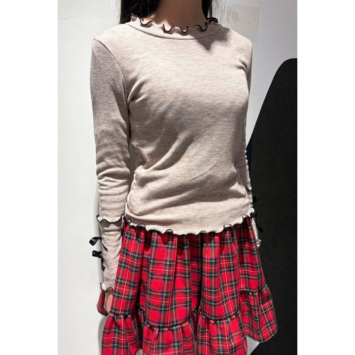 Rib Mellow Ribbon Tops Front ribbon / Big ribbon / Sleeve ribbon