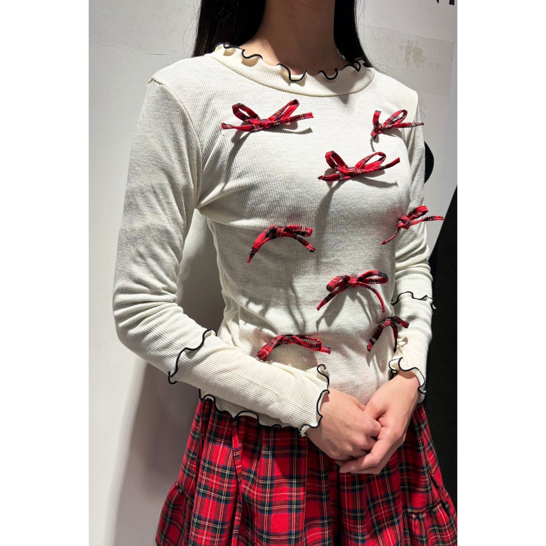 Rib Mellow Ribbon Tops Front ribbon / Big ribbon / Sleeve ribbon