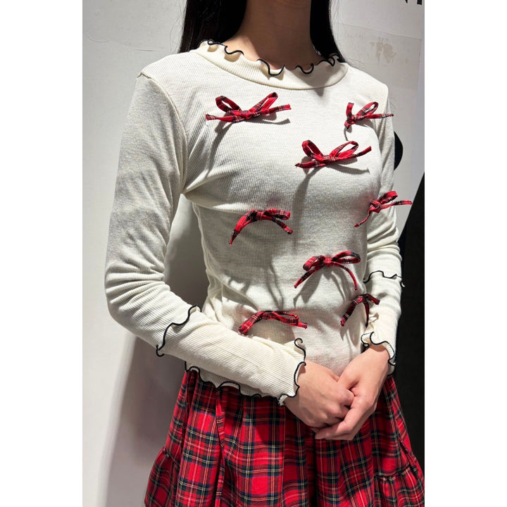 Rib Mellow Ribbon Tops Front ribbon / Big ribbon / Sleeve ribbon