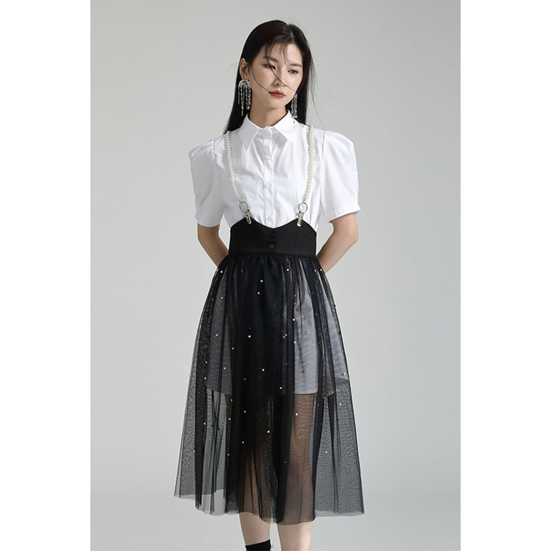 Power Shoulder Long Shirt & Tulle Skirt
