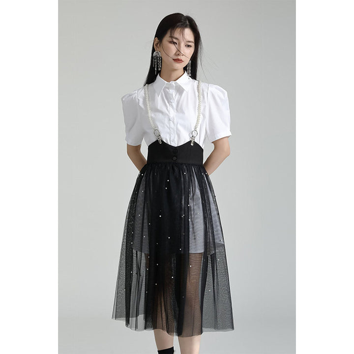 Power Shoulder Long Shirt & Tulle Skirt