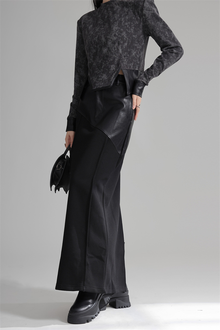 Design Patchwork PU Leather A-line Fleece Skirt