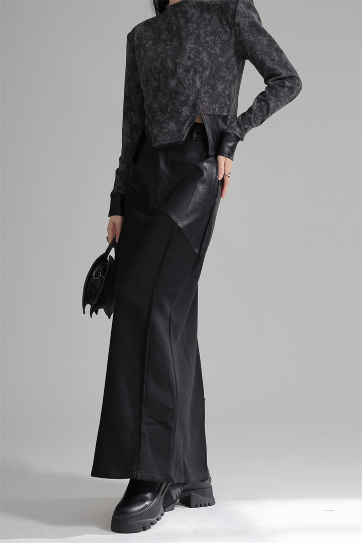 Design Patchwork PU Leather A-line Fleece Skirt