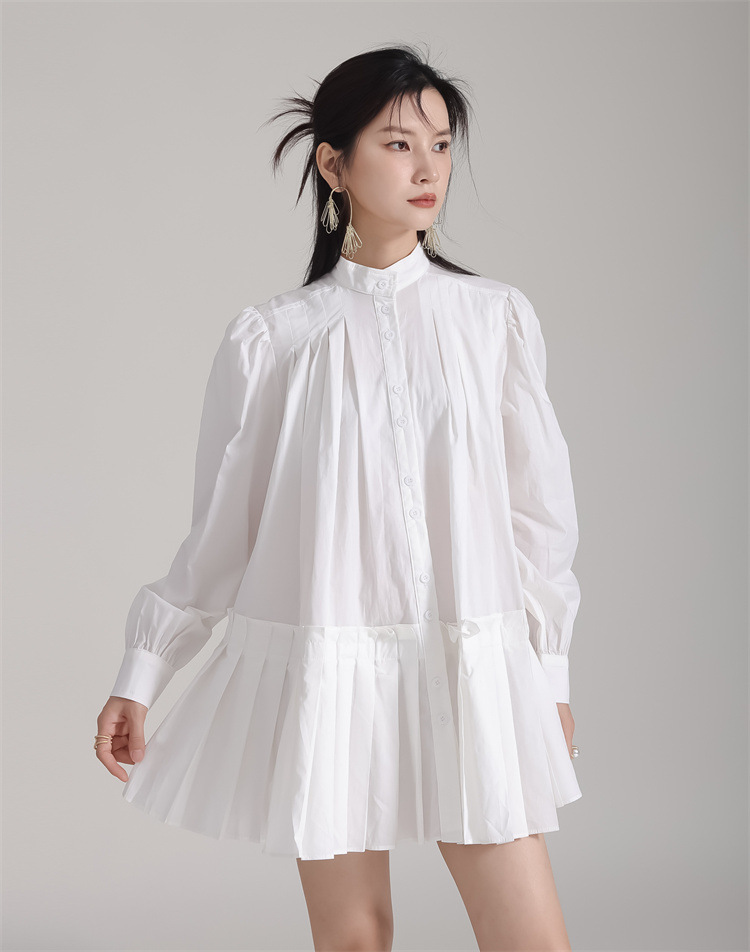 Stand Collar Pleats Long Shirt