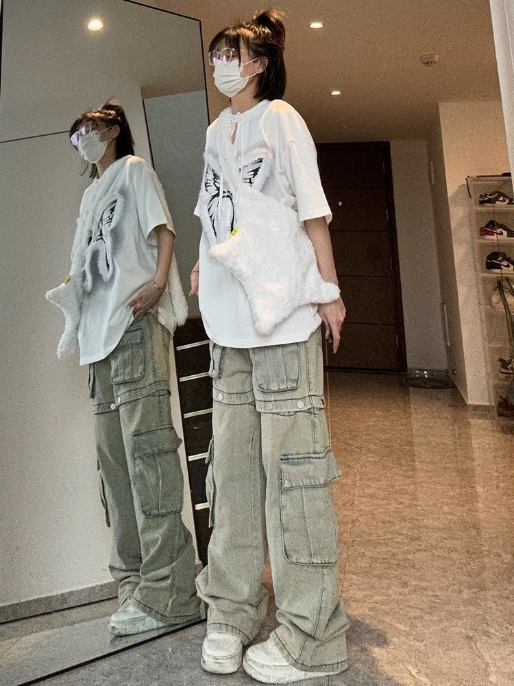 Multi-pocket straight separate pants