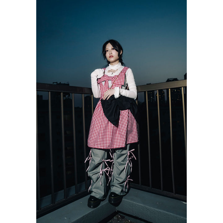 Front ribbon sleeveless onepiece (Beige Check) ¥8,980 / ¥9,480