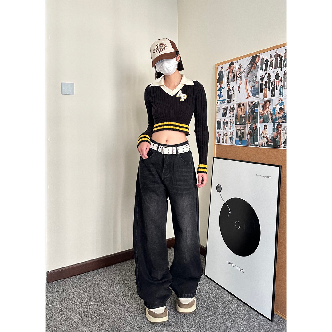 Carmour denim retro color wide-leg pants