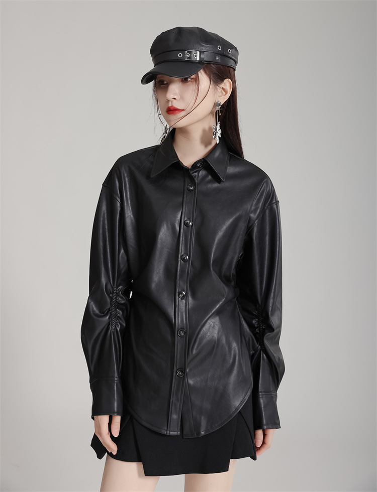 Side Tuck PU Leather Shirt