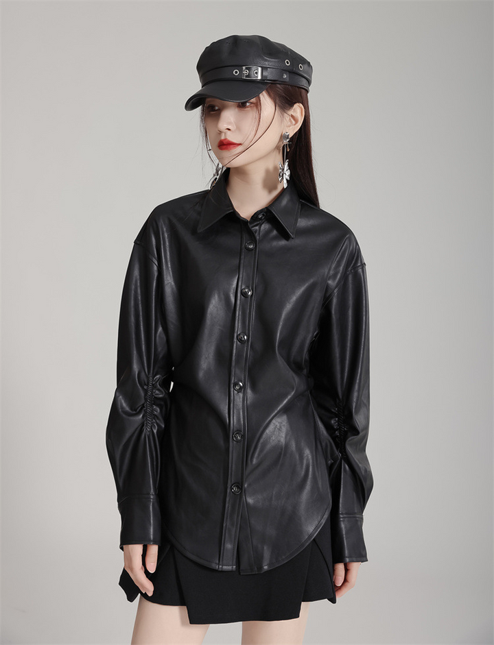 Side Tuck PU Leather Shirt