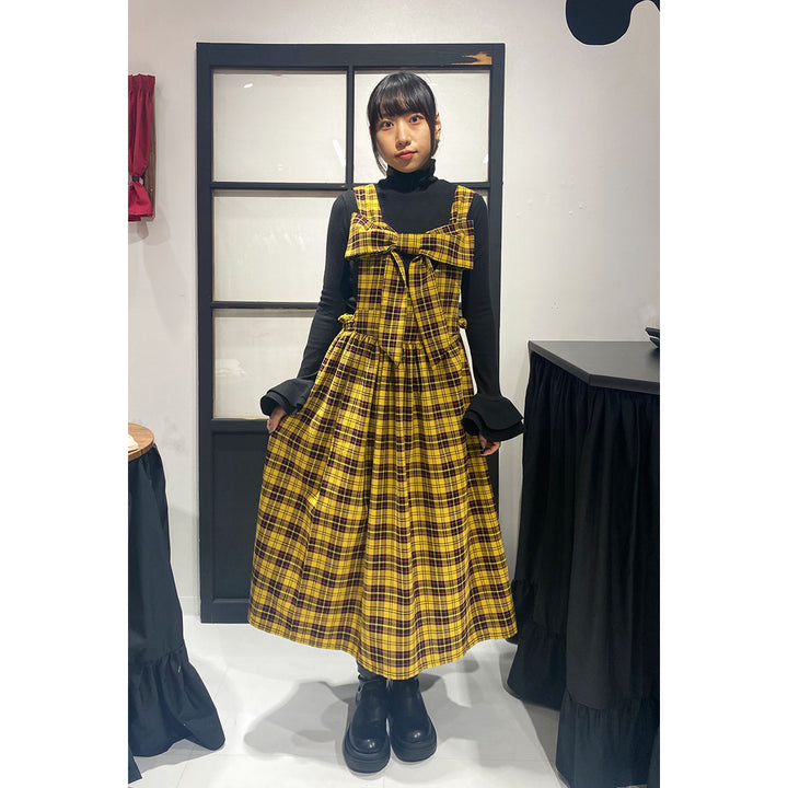 Front ribbon sleeveless onepiece (Yellow Check) ¥8,980 / ¥9,480
