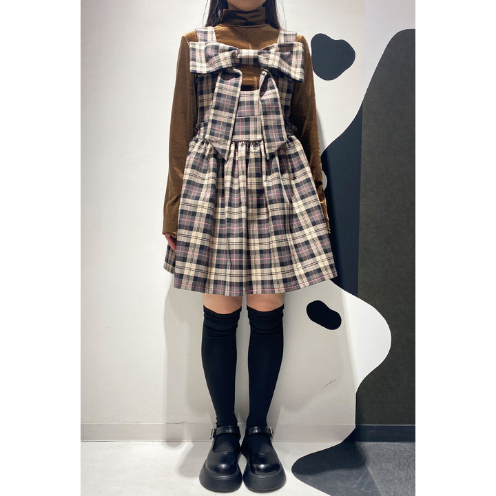 Front ribbon sleeveless onepiece (Beige Check) ¥8,980 / ¥9,480