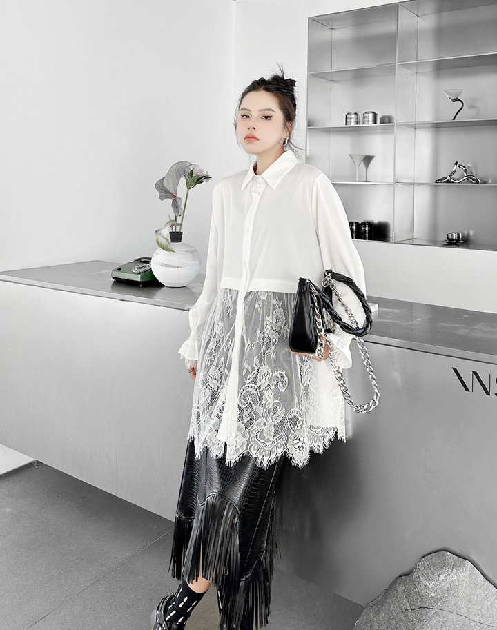 Crochet lace patchwork long sleeve shirt