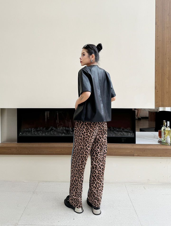 Silver plated wash denim patchwork leopard print casual pants