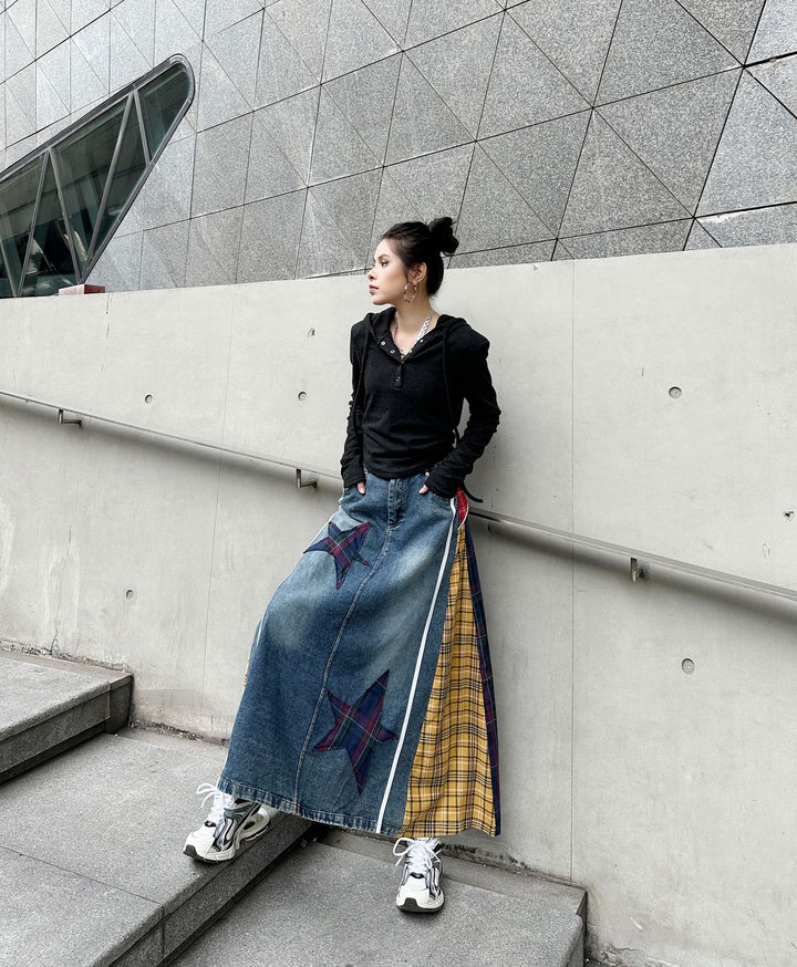 Patchwork plaid high waist A-line denim skirt