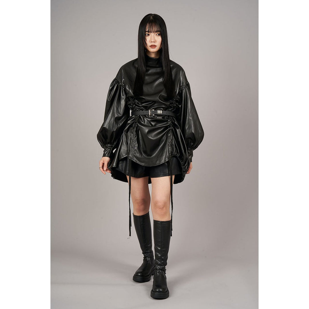 High Neck Shirring PU Leather Shirt