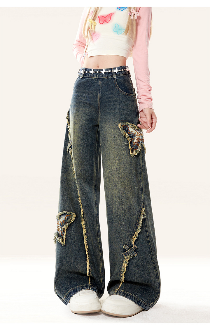 Butterfly Vintage Wide Denim Pants