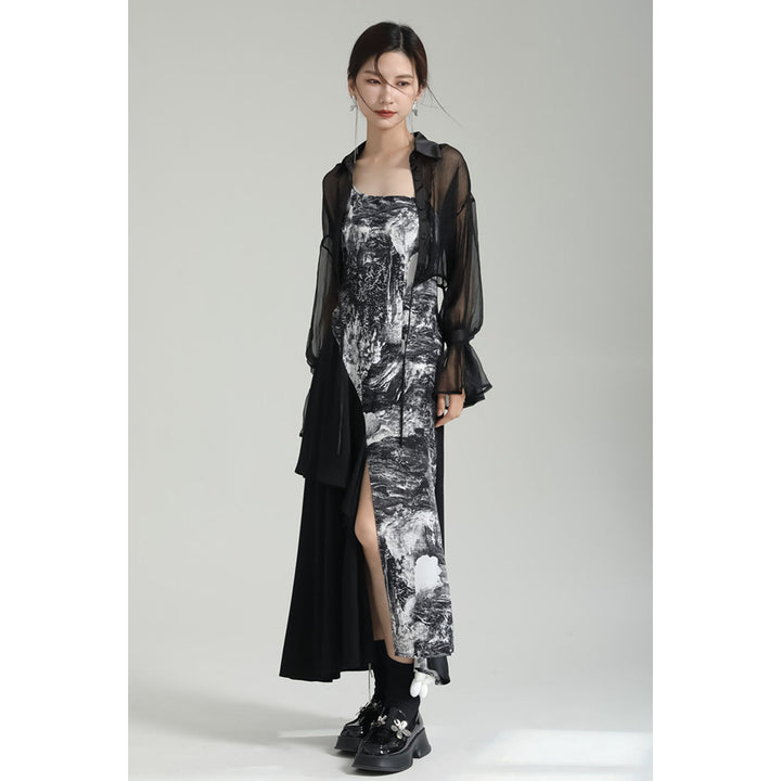 Shirring Sleeve Seer Shirt & Asymmetry Flare Print Camisole Onepiece ¥6,480 / ¥8,980
