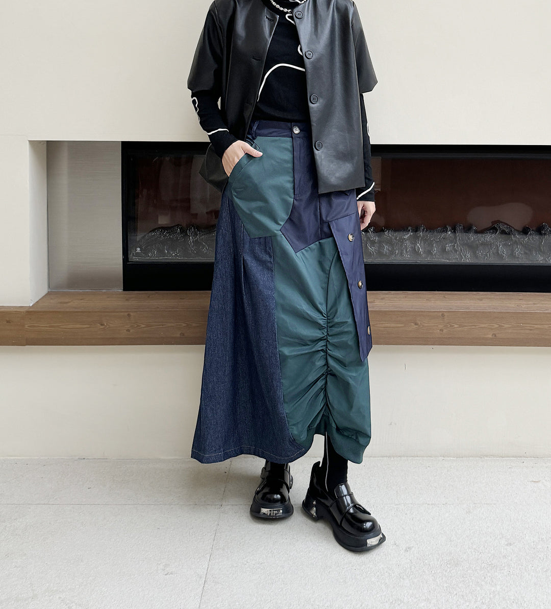 Wash denim patchwork A line skirt