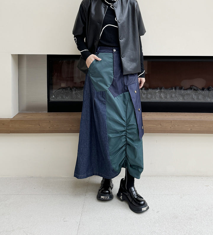 Wash denim patchwork A line skirt