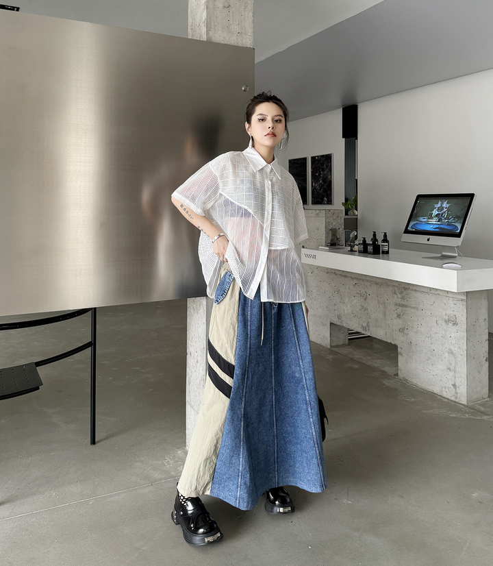 Contrast color stitching two line denim A-line skirt