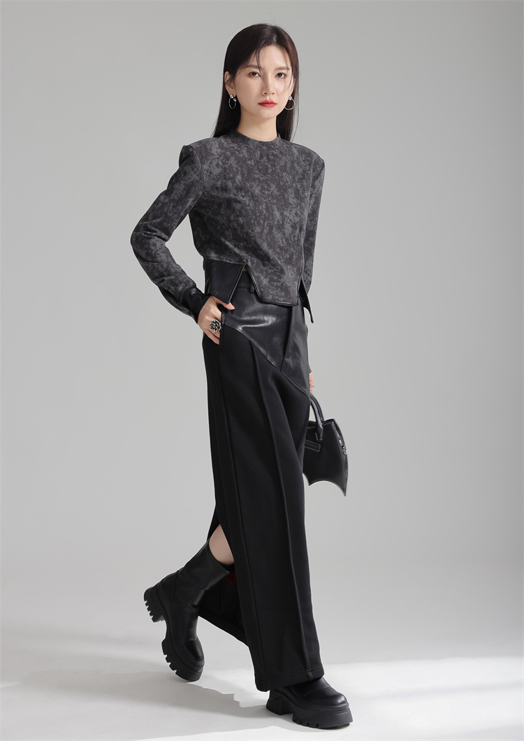 Design Patchwork PU Leather A-line Fleece Skirt