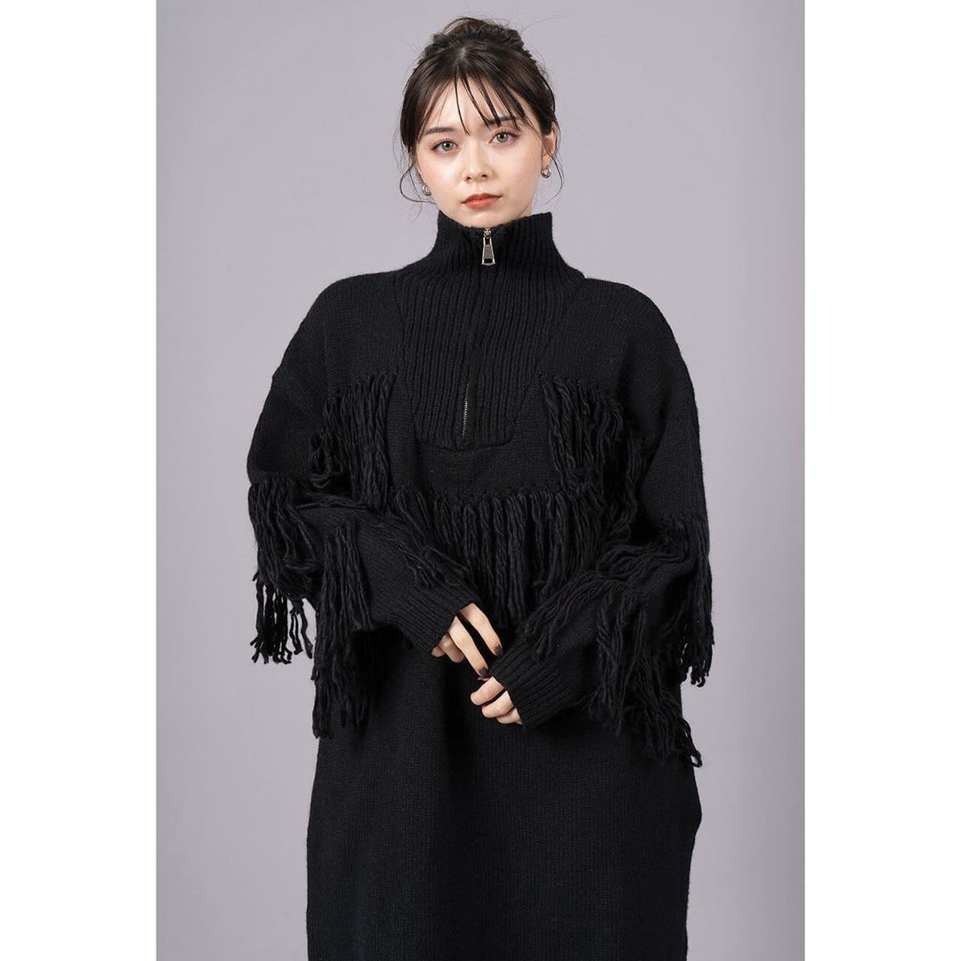 High Neck Fringe Zipper Knit Onepiece
