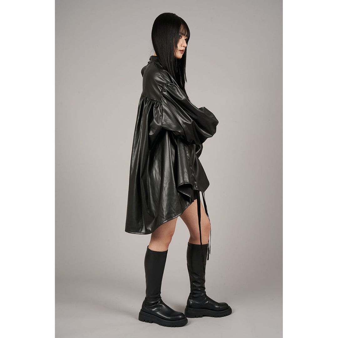 High Neck Shirring PU Leather Shirt