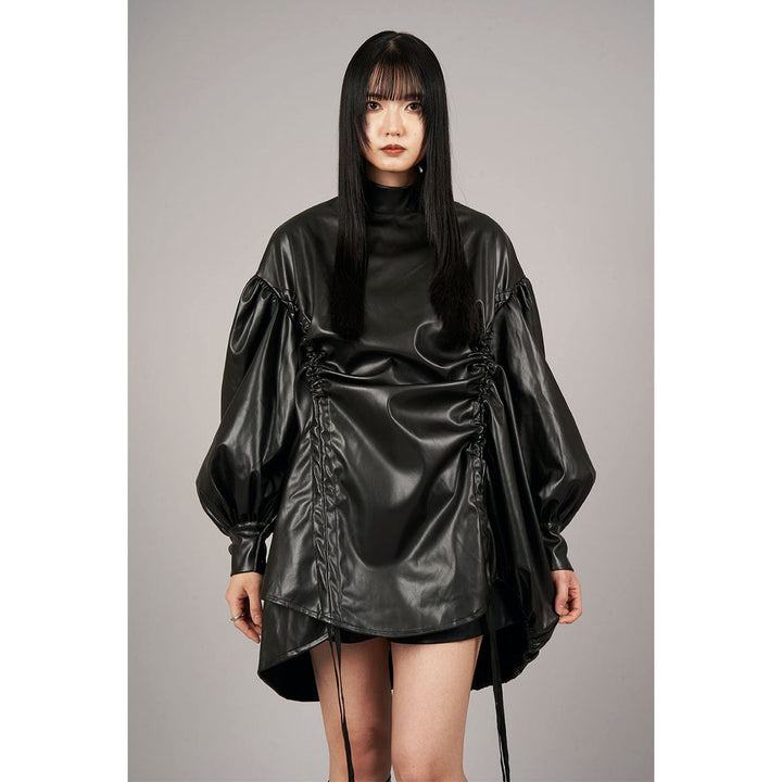 High Neck Shirring PU Leather Shirt