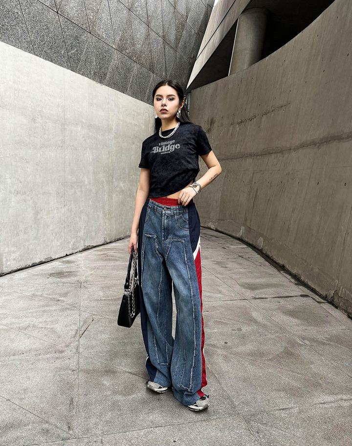 Street color patchwork loose jeans