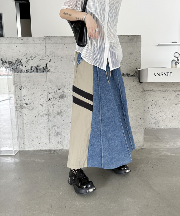 Contrast color stitching two line denim A-line skirt