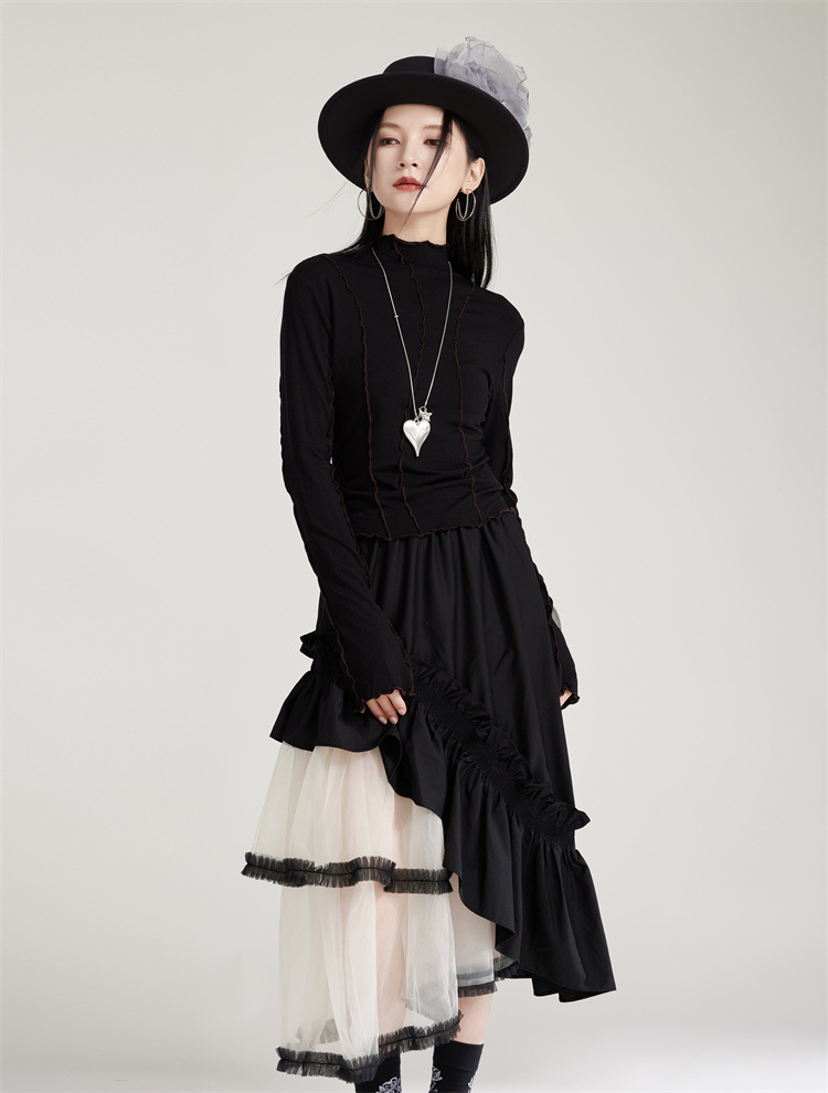 Black slim high neck long sleeve t-shirt