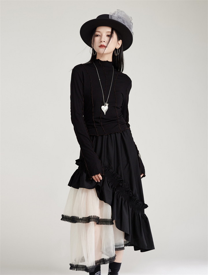 Black slim high neck long sleeve t-shirt