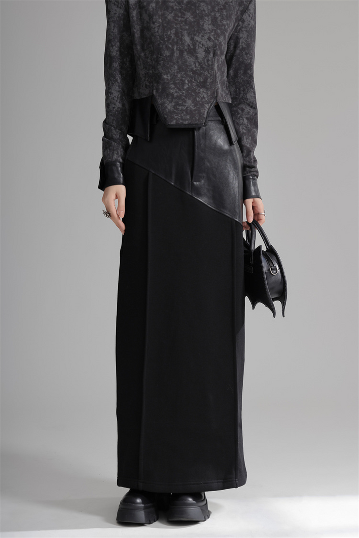 Design Patchwork PU Leather A-line Fleece Skirt