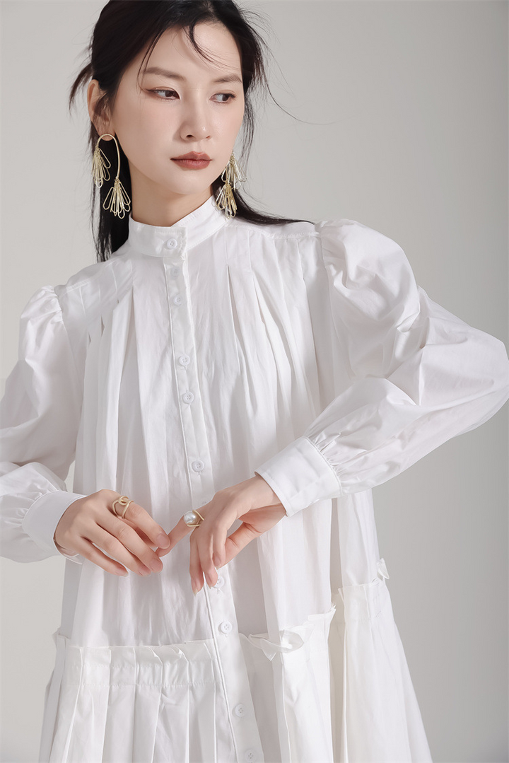 Stand Collar Pleats Long Shirt