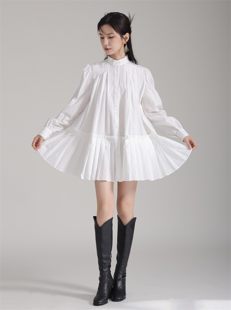 Stand Collar Pleats Long Shirt