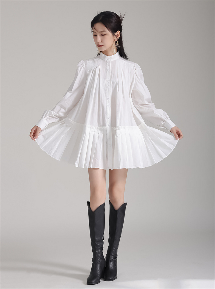 Stand Collar Pleats Long Shirt