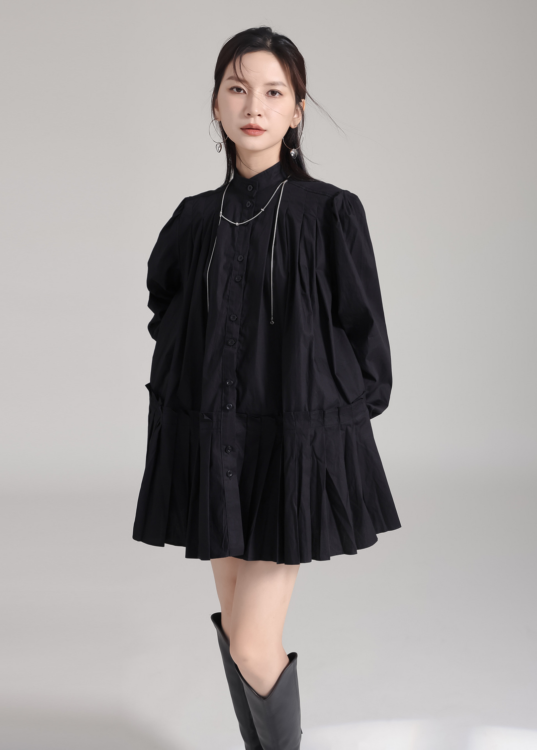 Stand Collar Pleats Long Shirt