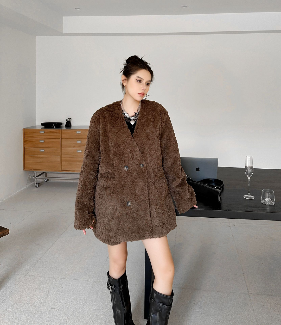 Oversized no-collar fur coat