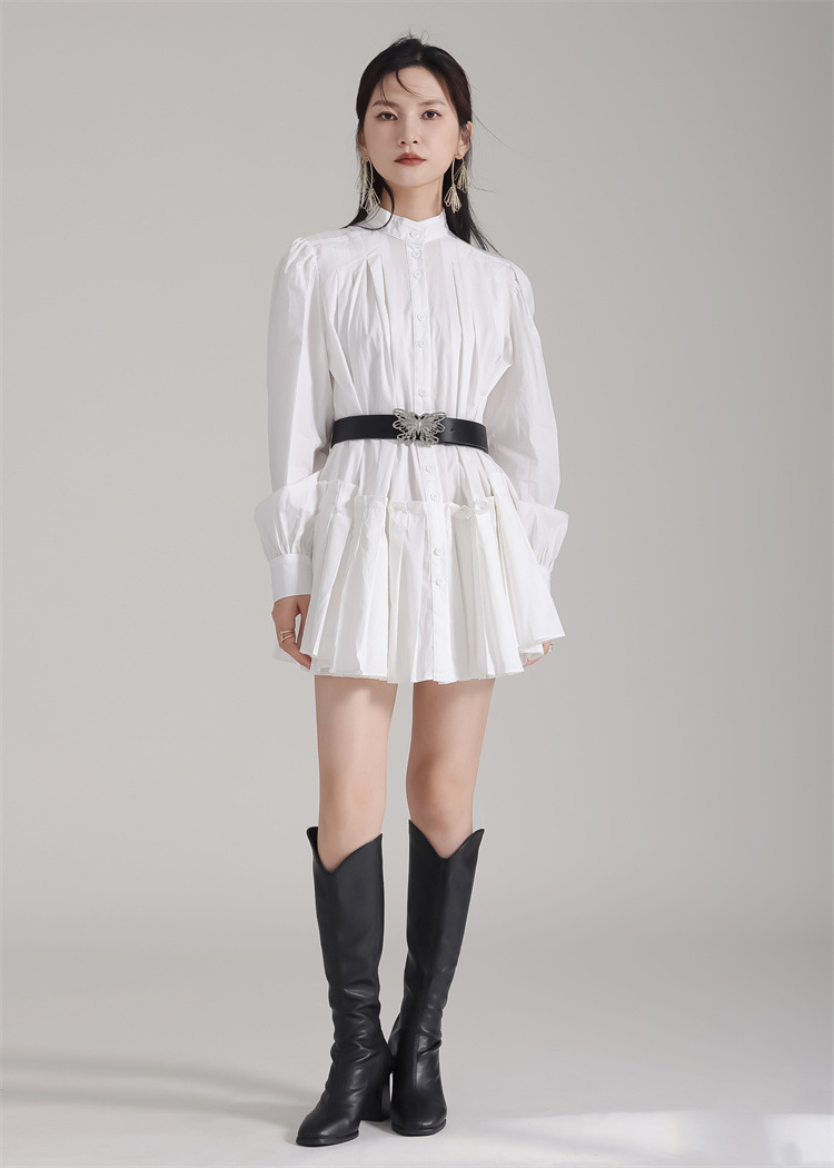 Stand Collar Pleats Long Shirt