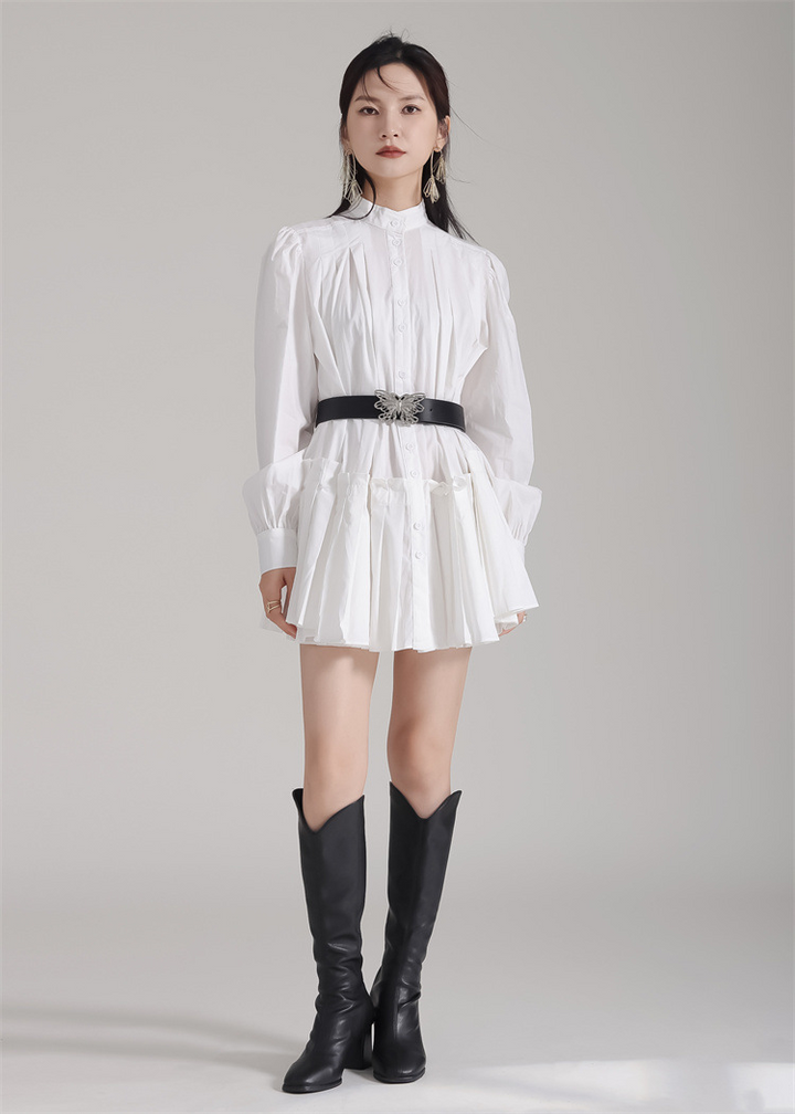 Stand Collar Pleats Long Shirt