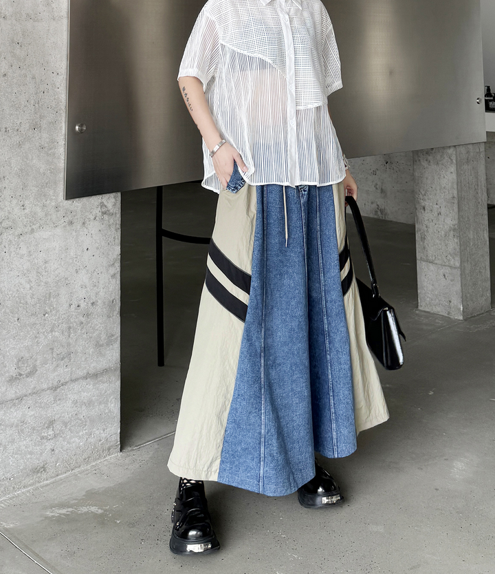 Contrast color stitching two line denim A-line skirt